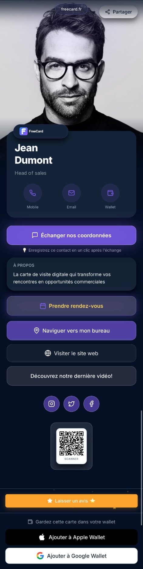 Exemple de carte de visite digitale FreeCard : Jean Dumont, Head of sales